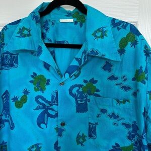 60-70s Hawaiian Aloha Shirt Blue Hawaii Collar short sleeve XL/XXL button down